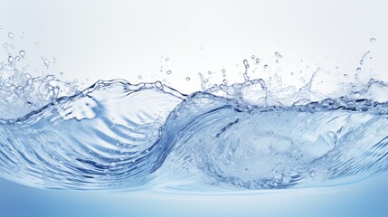 Tranquil blue water wave abstract background with splashes and drops on white surface