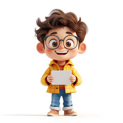 3D cartoon character happily smiling while holding a smartphone on a white background