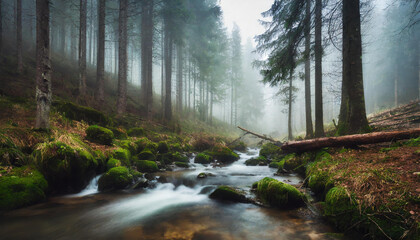 River in a foggy forest, misty landscape