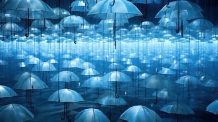 Sea of translucent umbrellas beneath a soft, blue rain