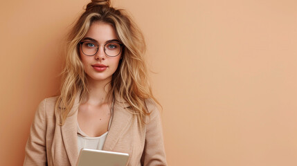 A young woman entrepreneur holding a digital tablet, looking inspired, solid beige background. 