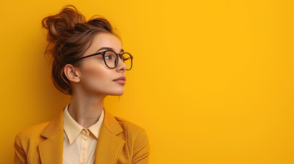 A young woman in office attire brainstorming alone, solid mustard background. 