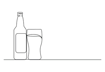 Beer glass and bottle in one continuous line drawing. Isolated on white background vector illustration. Pro vector