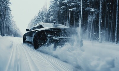 Black modern powerful car driving fast on snow and drifting  with amazing backgorund
