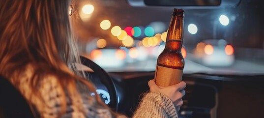 Drunk driving concept with woman holding beer bottle while driving, space for text placement - obrazy, fototapety, plakaty
