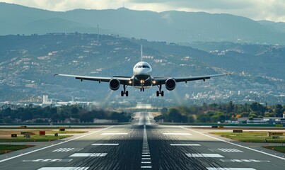 An airplane is landing on runway,  amazing afternoon sun shining background . - obrazy, fototapety, plakaty