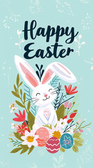 Fototapeta na wymiar Easter poster with a bunny, flowers and eggs, pastel colors, modern, black background with text: 