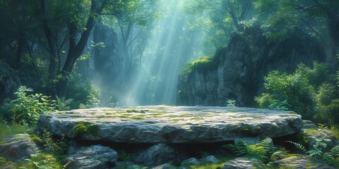 A serene forest with a stone podium, bathed in sunlight and lush greenery.