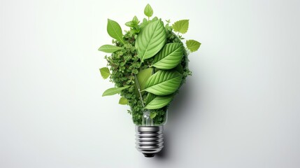 Creative Green Energy Concept: Eco-Friendly Light Bulb Filled with Lush Leaves. Concept of Renewable Energy, Sustainable Living, Environmental Conservation, Global Warming. Green Energy Light Bulb