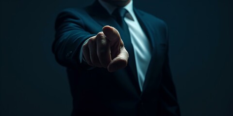 Businessman in dark suit extending hand for handshake. formal corporate greeting. low key portrait. professional interaction, making a deal. AI