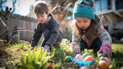 Easter egg hunt, children looking for easter eggs in garden
