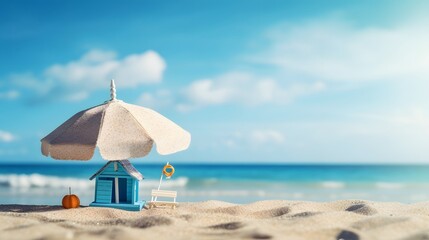 Fototapeta na wymiar Miniature house and umbrella on beach blue sea and sky on blurred background