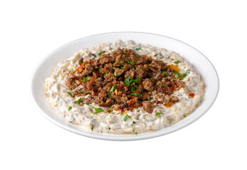 Turkish Ali Nazik Kebab with Yogurt, Minced Meat and Roasted Eggplant or Aubergine Kebap.