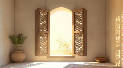 Details of Arabic architecture. Serene 3D scene of an open window with intricate Arabic patterns on beige wall casting warm sunlight. Arab-style open window with sutters