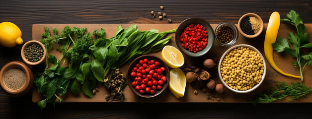 Wide flat lay view banner image of vegetarian day food banner with different types of vegetables and fruit items in a manner on dark wooden color table mockup with copy space 