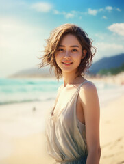 海辺に立つ美しい笑顔の女性