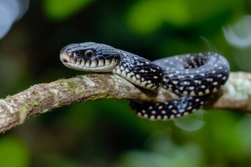 Obraz premium Black snake on a branch defocused green background.