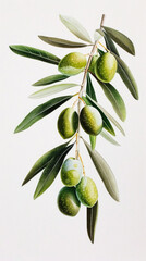 Olive branch with green olives and leaves on white background .