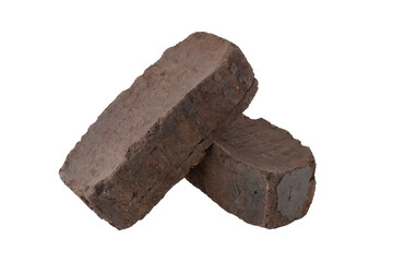 peat fuel briquettes for use on open fires, an alternative type of fuel for heating. Close-up, cut out