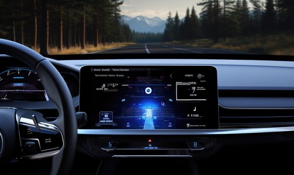 First person view from modern car cockpit with digital car data and driving information.