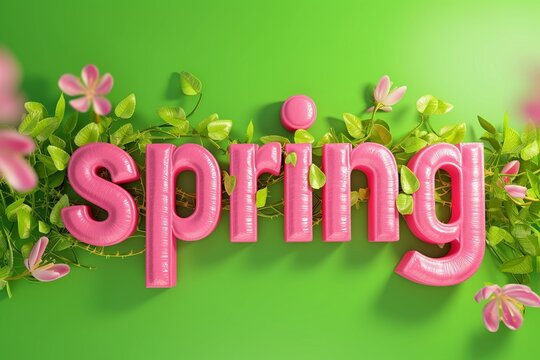 Pink Spring text on green background. 