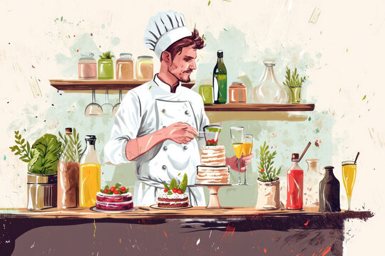 Professional Chef Cooking Tasty Italian Dish in a Cartoon Kitchen with Fresh Ingredients