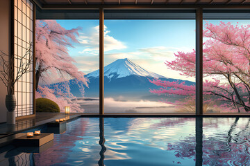 Japanese outdoor hot springs (Onsen) overlooking Mount Fuji and Sakura tree from luxury hotel room