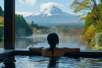 Rearview of woman enjoy Onsen in the morning and seeing Fuji mountain view from luxury hotel room