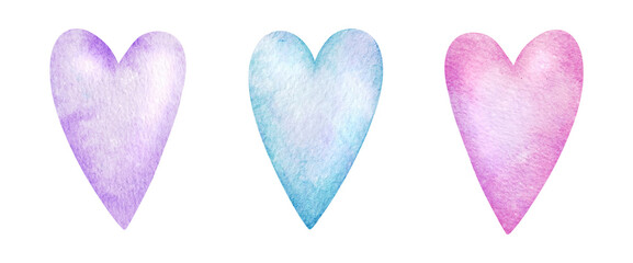 Set of pink, purple and blue hearts. Isolated watercolor illustration for logo, kid's goods, cards, clothes, textiles, postcards, poster