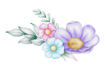 Purple, pink, blue flowers with leaves. Hand drawn watercolor illustration. For wedding invitations, packaging of goods, postcard design and stationery.