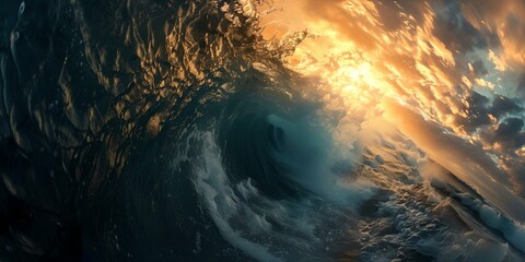 Majestic ocean wave catches fiery sunset light, nature's beauty captured. serene yet powerful seascape, perfect for wall art. AI