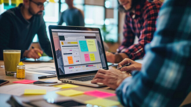 Coworking process. Young creative designers working together in modern office .