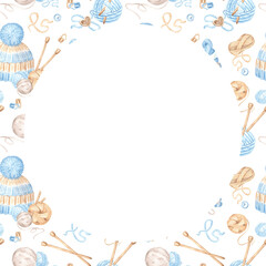 Watercolor square frame made of balls and skeins of wool, knitting needles and hat. Template illustration with copy space for hobby knitting. Isolated hand drawn for knitter blog, needlework store.