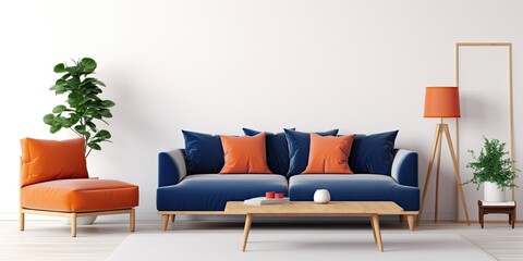 Fototapeta premium A real photo of a white living room with a navy peony rug, a fancy navy blue sofa, and orange and red cushions on it. A basic wooden coffee table is also featured.