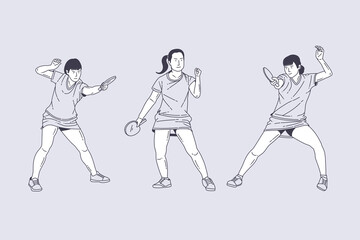 Set of outline illustrations of ping pong players