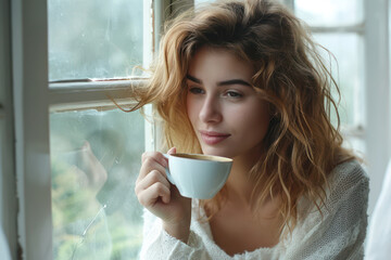 A Beautiful Young Woman Sitting in a Cozy Cafe, Holding a Hot Cup of Coffee and Enjoying a Leisurely Moment by the Window.