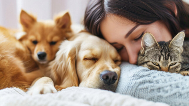 Beautiful woman with her dog and cat lying on the bed .