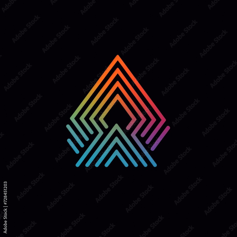 Poster an abstract recursive triangle design with neon colors creating a sense of motion and technological 