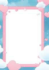 Fototapeta na wymiar A charming frame design adorned with cute hearts and fluffy clouds against a pastel blue background, ideal for messages of love and joy.