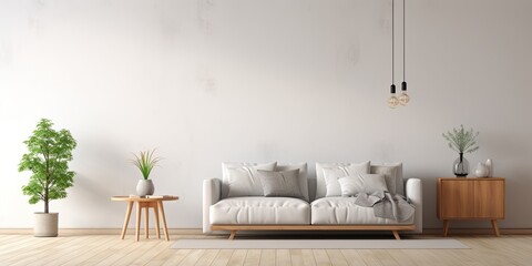 Obraz premium Large white living room with gray sofa, wooden table, carpet, small tree, mock-up wall, and copy space.