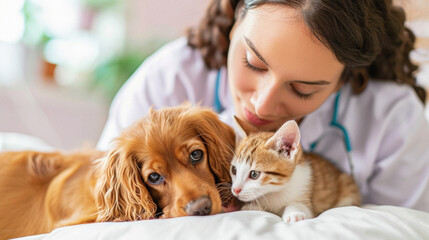 Young woman veterinarian with cute cat and dog on the bed at home