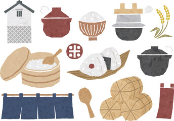 ご飯アイコン,お米,お釜,土鍋,お櫃など水彩画