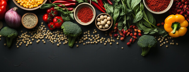 Wide flat lay view banner image of vegetarian day food banner with different types of vegetables and fruit items in a manner on dark wooden color table mockup with copy space 