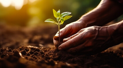Farmer's hands planting a sapling into a soil. Environmental conservation. Reforestation concept. Ecosystem restoration. 