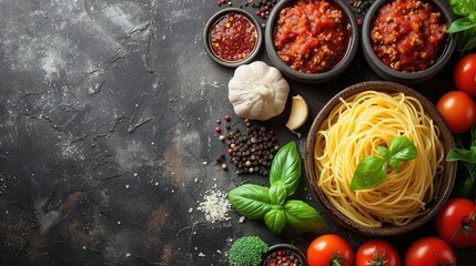 Fototapeta na wymiar Food background. Italian food background with pasta, ravioli, tomatoes, olives and basil