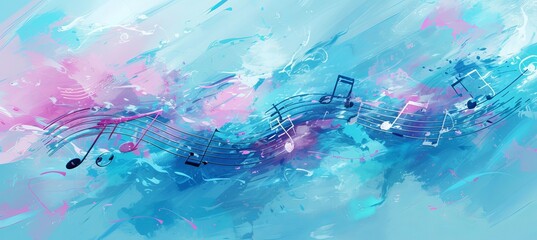 Vibrant musical notes and signs on abstract bright background, creating a harmonious melodic banner.
