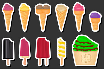 Illustration on theme big kit ice cream popsicle different types in cone waffle cup