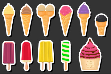 Illustration on theme big kit ice cream popsicle different types in cone waffle cup