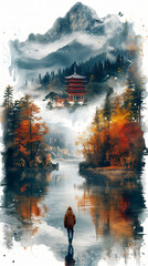 A beautiful fantasy landscape on a white background. Mountains, trees, fog. Watercolor painting. Abstract intricate splashes of paint on a white background. Generative AI.