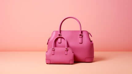 Close-up of identical large and small pink bags on a peach background with a copy space. Sale in stores, shopping concepts.